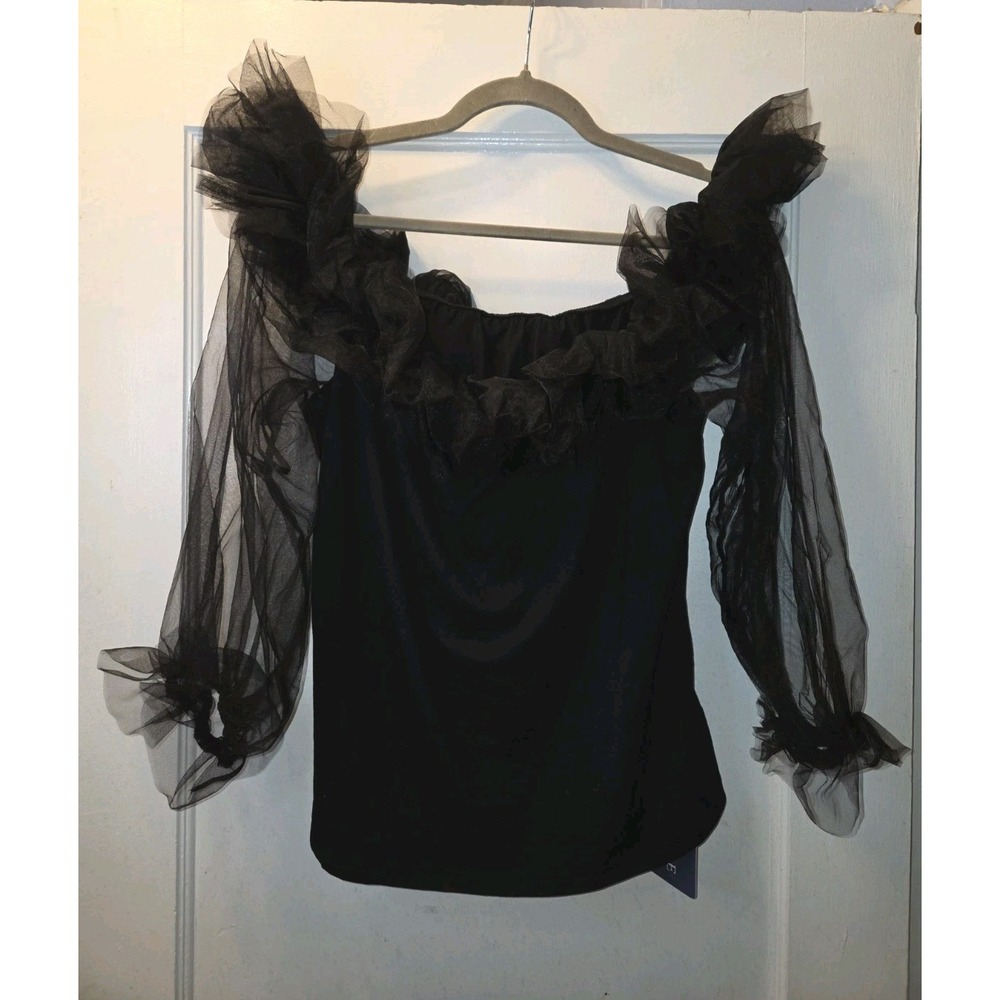 Oyoangle Sheer Tulle Sleeve Ruffle Top. XXL